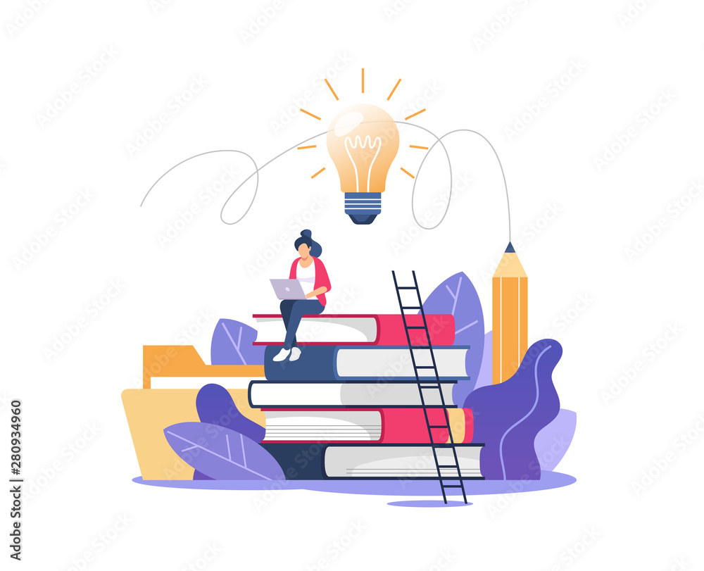 Person gains knowledge for success and better ideas. Education, online courses and business, distance education, online books and study guides, exam preparation, home schooling, vector illustration.