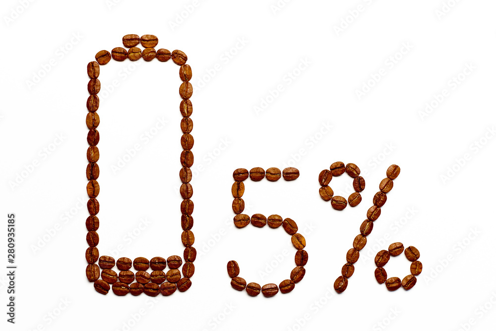 Battery charge 5% of coffee beans on a white background. Battery charge 5% of coffee beans on a white background.