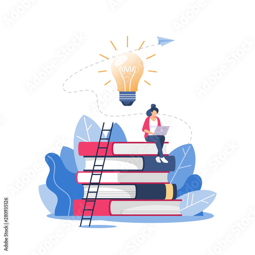 Person climbs the stairs, improve new skills and education. Online courses and business, distance education, online books and study guides, exam preparation, home schooling, vector illustration.