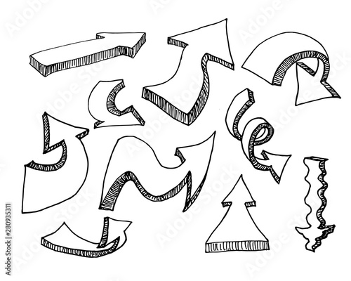 Set of  3D arrow doodle on white background. Hand-Drawn.  Vector Isolated on white Background