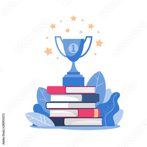 Stack of books and winner cup on top. Education, online courses and business, distance education, online books and study guides, exam preparation, home schooling, vector illustration.