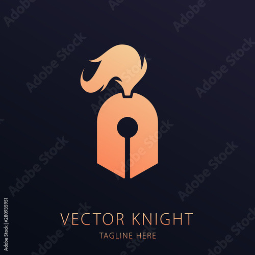 Vector pen tool with knight helmet symbol. Vector knight logotype. gold gradient colors.