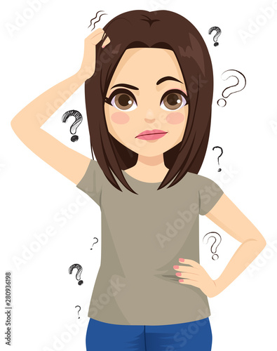 Young woman scratching head pensive gesture and forgetful face expression