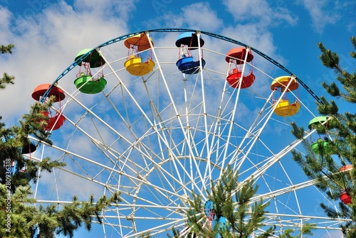 Ferris Wheel with a colorful cabins in Taldykorgan, Kazakhstan