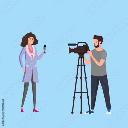 Journalist woman reporter presenting live news talk with man operator