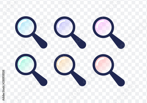Vector set of color lense loupe flat illustration. Colorful magnifying glass isolated on transparent background. Concept of science analytics instrument, detective, focus, magnification.