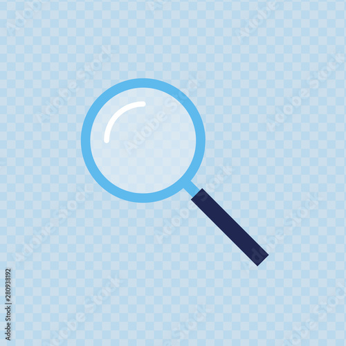 Vector loupe flat illustration. Blue and black magnifying glass with gray lense isolated on transparent background. Concept of science analytics instrument, detective, focus, magnification.