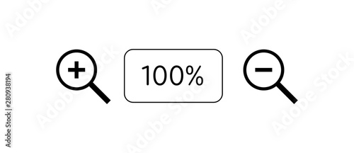 Vector set of flat zoom loupe icon illustration. Black magnifying glass and 100% box isolated on white background. Design element for web ui, site, landing, interface