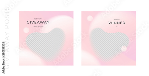 Vector abstract giveaways post template set. Pink color romantic style fluid shapes. Giveaway and winner frame. Design for social media blog advertising, promotion, announcement, freebies, message, ad