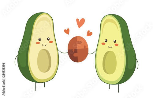 Avocado couple in love. Two avocado halves holding two pieces of jigsaw connecting couple puzzle. Valentine Day vector cartoon fruit character with hearts isolated on white background. Kawaii style