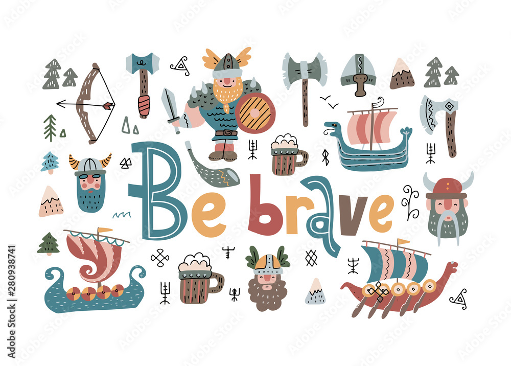 Vector set with elements associated with vikings and their lifestyle, myths and traditions isolated on a white background. Cute illustration for kids with ships and weapons