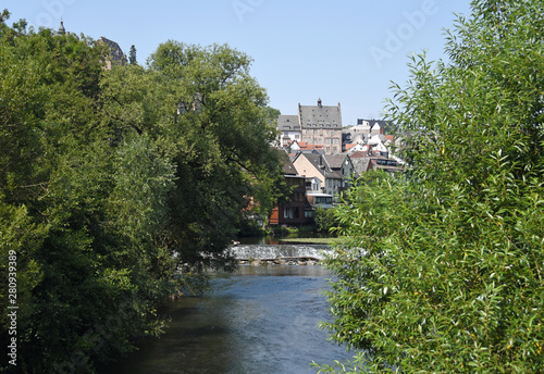 View across the river Lahn with its weir to Marburg, Hessen, Germany