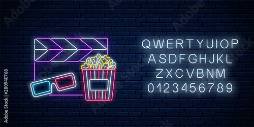Neon sign of cinema night with alphabet. Cinema time neon logo, signboard, banner with popcorn, 3D glasses