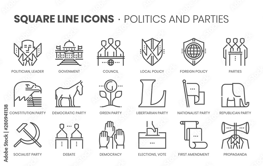Politics and parties related, square line vector icon set for applications and website development. The icon set is pixelperfect with 64x64 grid. Crafted with precision and eye for quality. Politics and parties related, square line vector icon set for applications and website development. The icon set is pixelperfect with 64x64 grid. Crafted with precision and eye for quality.