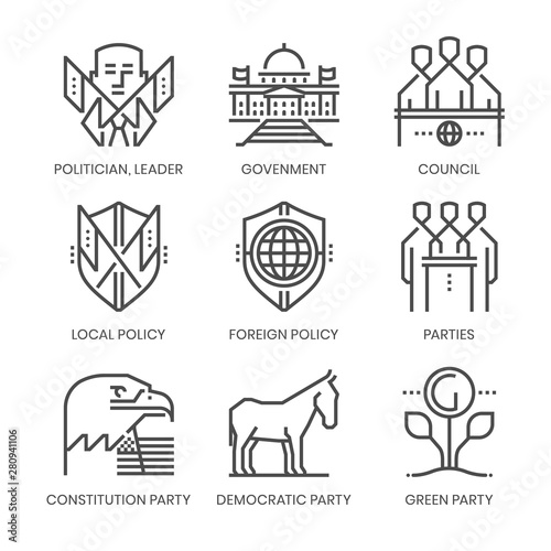 Politics and parties related, square line vector icon set for applications and website development. The icon set is pixelperfect with 64x64 grid. Crafted with precision and eye for quality.