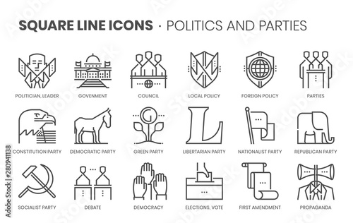 Politics and parties related, square line vector icon set for applications and website development. The icon set is pixelperfect with 64x64 grid. Crafted with precision and eye for quality.