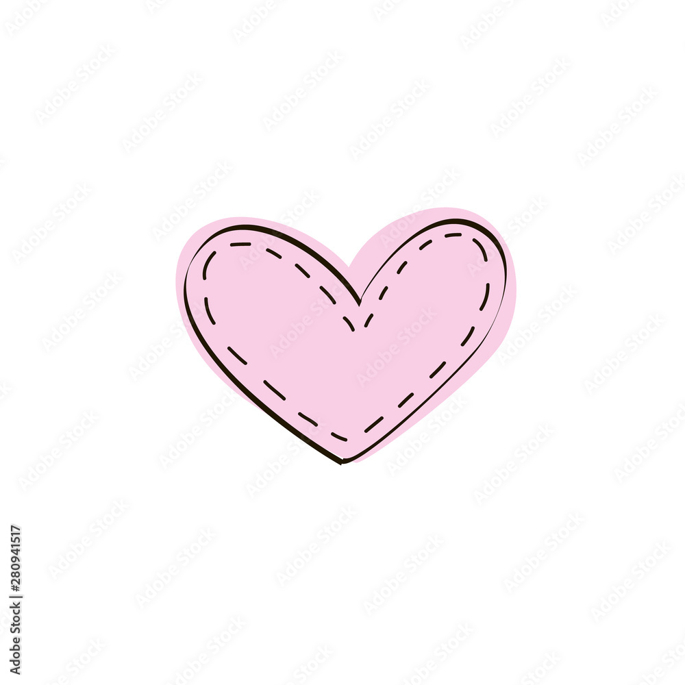 Illustration of the pink heart in the style of doodle. Black white hand-drawn drawing. Vector.