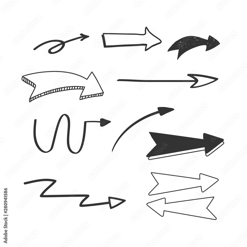 Vector hand drawn arrows icons set on white. Doodle stile illustration.