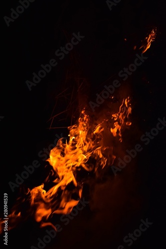 Burning of rice straw at night.