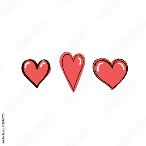 Set of red hearts in the doodle style. Vector hand drawn Illustration