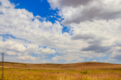 Russian open spaces. Crimea. Field. Summer Russian landscapes. . Grass and sky. Background summer landscape. Crimean fields