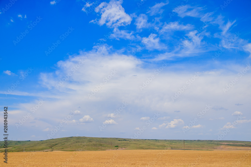 Russian open spaces. Crimea. Field. Summer Russian landscapes. . Grass and sky. Background summer landscape. Crimean fields