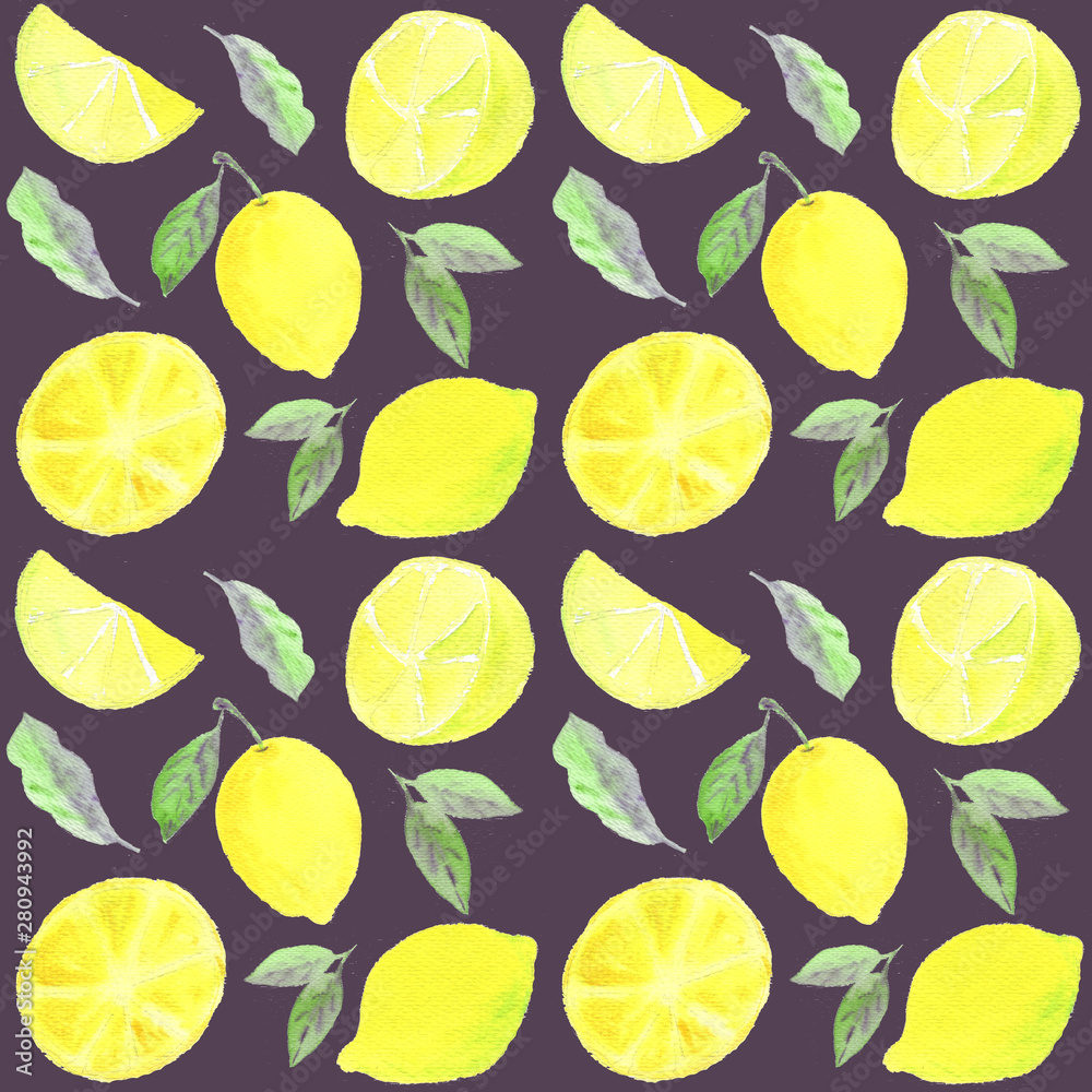 Seamless pattern with whole and sliced yellow lemon fruits and leaves on a black background. Watercolor Hand drawn Pattern Seamless pattern with whole and sliced yellow lemon fruits and leaves on a black background. Watercolor Hand drawn Pattern