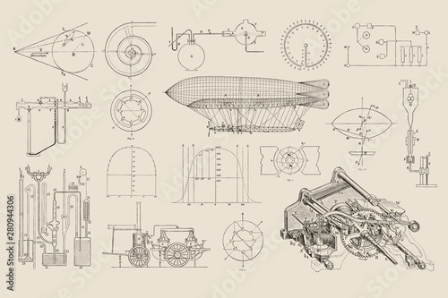 large collection of vector steampunk design elements: graphs, charts and construction drawings for dirigibles and various machines
