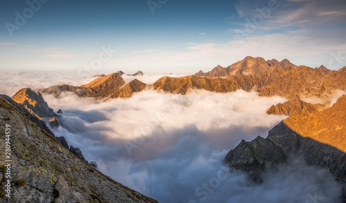 Mountains with Inversion at Sunset as seen From Rysy Peak in High Tatras  Slovakia
