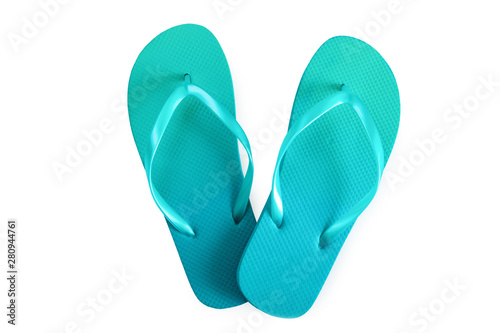 Blue flip flops isolated on white background. Top view
