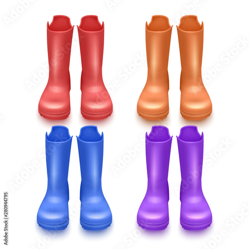 Set of colorful rain rubber boots from front view Symbol of garden work or autumn and weather. realistic Vector EPS 10 format, illustration Isolated on white background