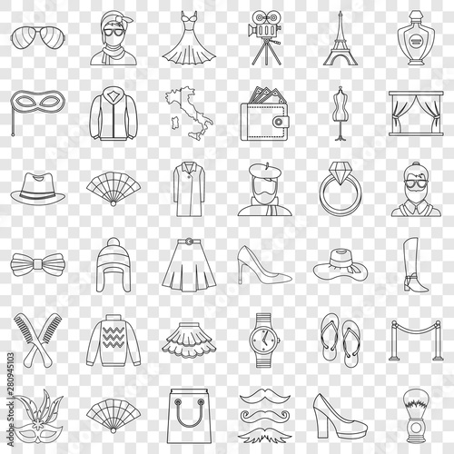 Mode icons set. Outline style of 36 mode vector icons for web for any design