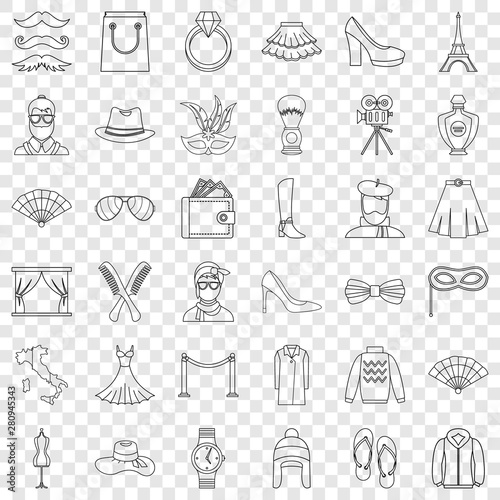 Model icons set. Outline style of 36 model vector icons for web for any design