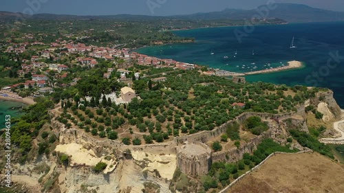 Aerial drone video of iconic medieval castle in small picturesque village of Koroni, Messinia, Peloponnese, Greece photo