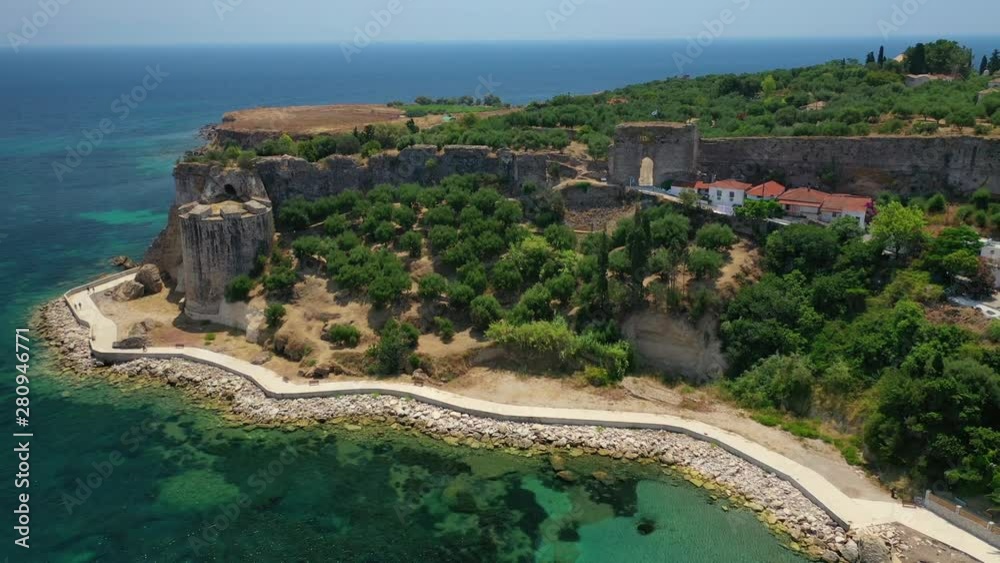 Aerial drone video of iconic medieval castle in small picturesque village of Koroni, Messinia, Peloponnese, Greece Aerial drone video of iconic medieval castle in small picturesque village of Koroni, Messinia, Peloponnese, Greece