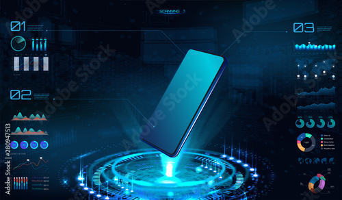 Smartphone futuristic mockup, Hologram with mobile phone. HUD interface, UI,UX,KIT presentation banner with element interface ( data and charts). Innovative product analysis in HUD style. Vector image