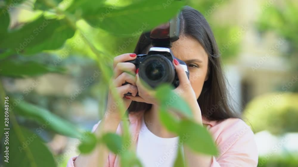 Female with camera hiding behind trees, journalist searching for sensation Female with camera hiding behind trees, journalist searching for sensation