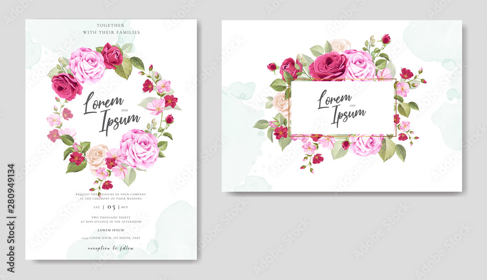 wedding invitation card with floral and leaves background template 