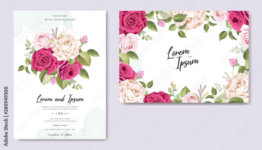 wedding invitation card with floral and leaves background template 