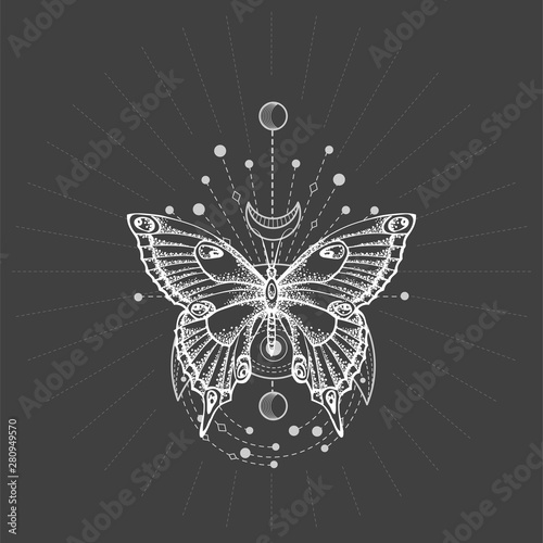 Vector illustration with hand drawn butterfly and Sacred geometric symbol on black background. Abstract mystic sign.