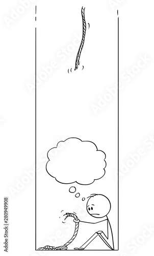 Vector cartoon stick figure drawing conceptual illustration of man trapped in hole, holding broken rope, and saying something in empty speech bubble.