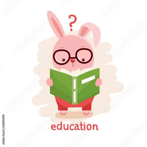 Intelligent rabbit reading a book. Kids design. Education concept vector illustration.