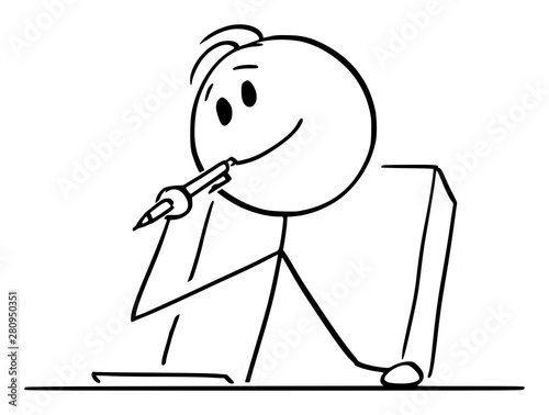 Vector cartoon stick figure drawing conceptual illustration of creative man or businessman or writer thinking about something, with ballpoint pen in mouth and piece of paper on the table.