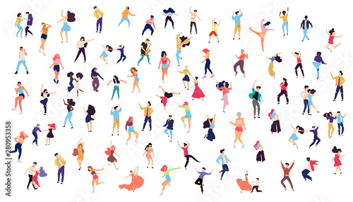 Crowd of young people dancing at club. Big set of characters having fun at party. Flat colorful vector illustration.