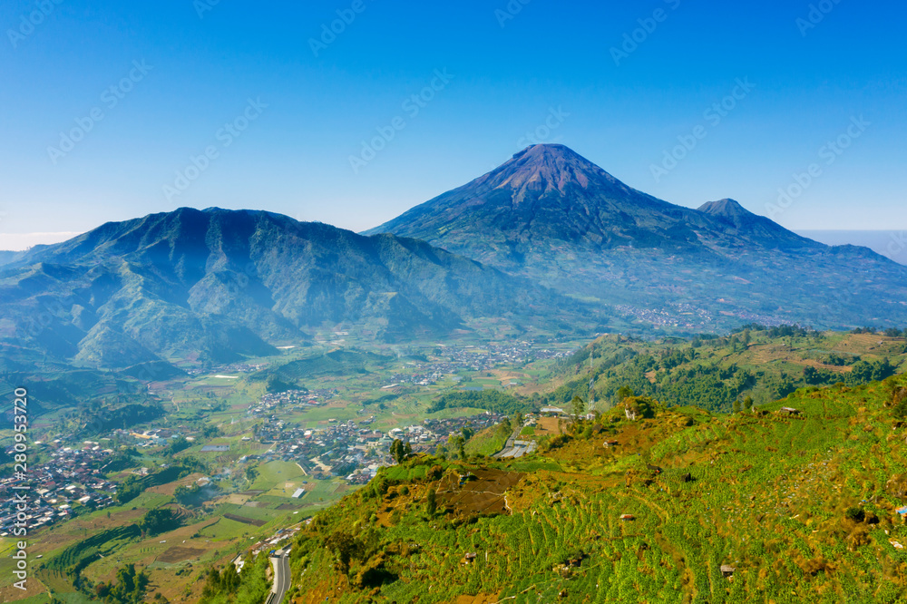 Beautiful Sikunir hill with Sindoro mountain