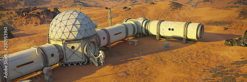 Schilderij op canvas Mars base with astronaut, habitat in martian landscape