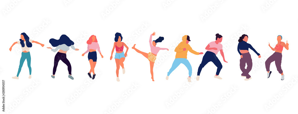 Crowd of young people dancing at club. Big set of characters having fun at party. Flat colorful vector illustration.