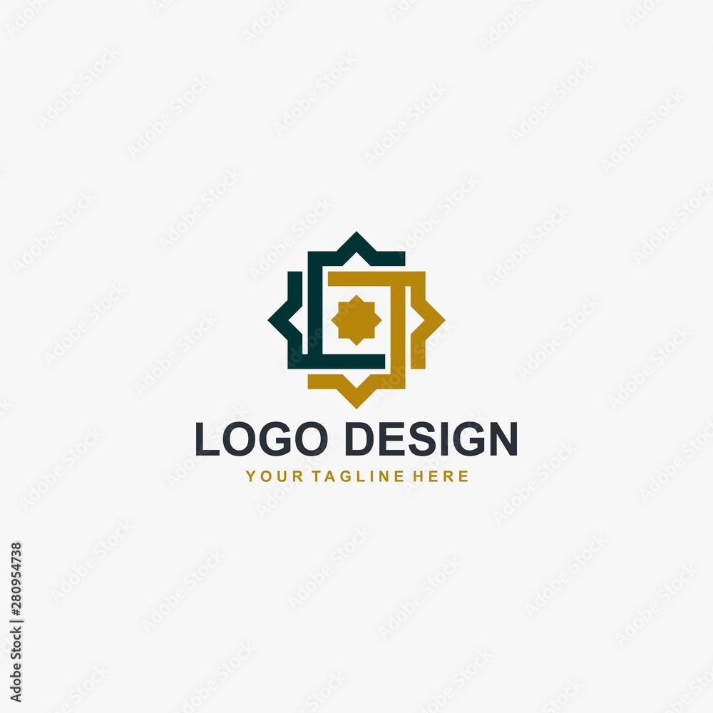 Islamic logo design vector. Mosque abstract illustration logo. Gold arabic ornament vector icon. 