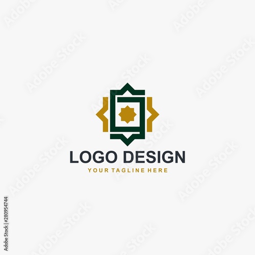 Islamic logo design vector. Mosque abstract illustration logo. Gold arabic ornament vector icon. 