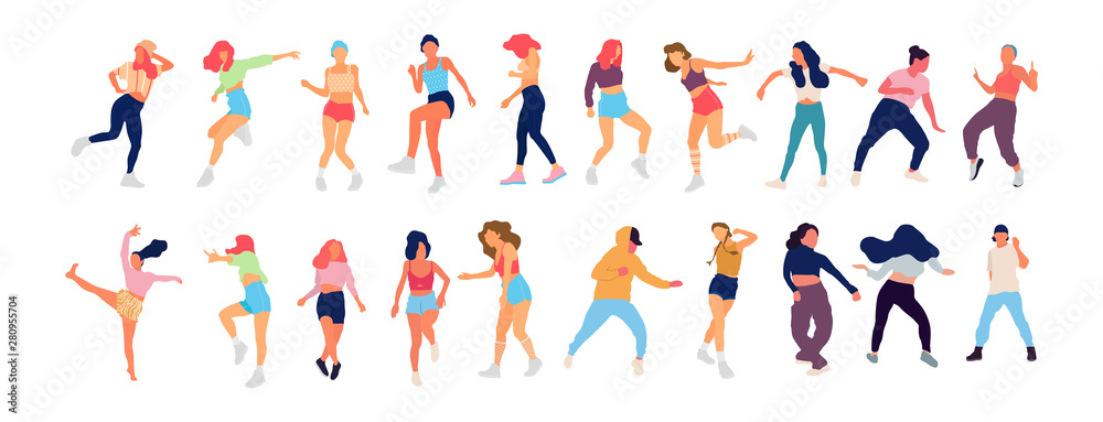 Crowd of young people dancing at club. Big set of characters having fun at party. Flat colorful vector illustration.